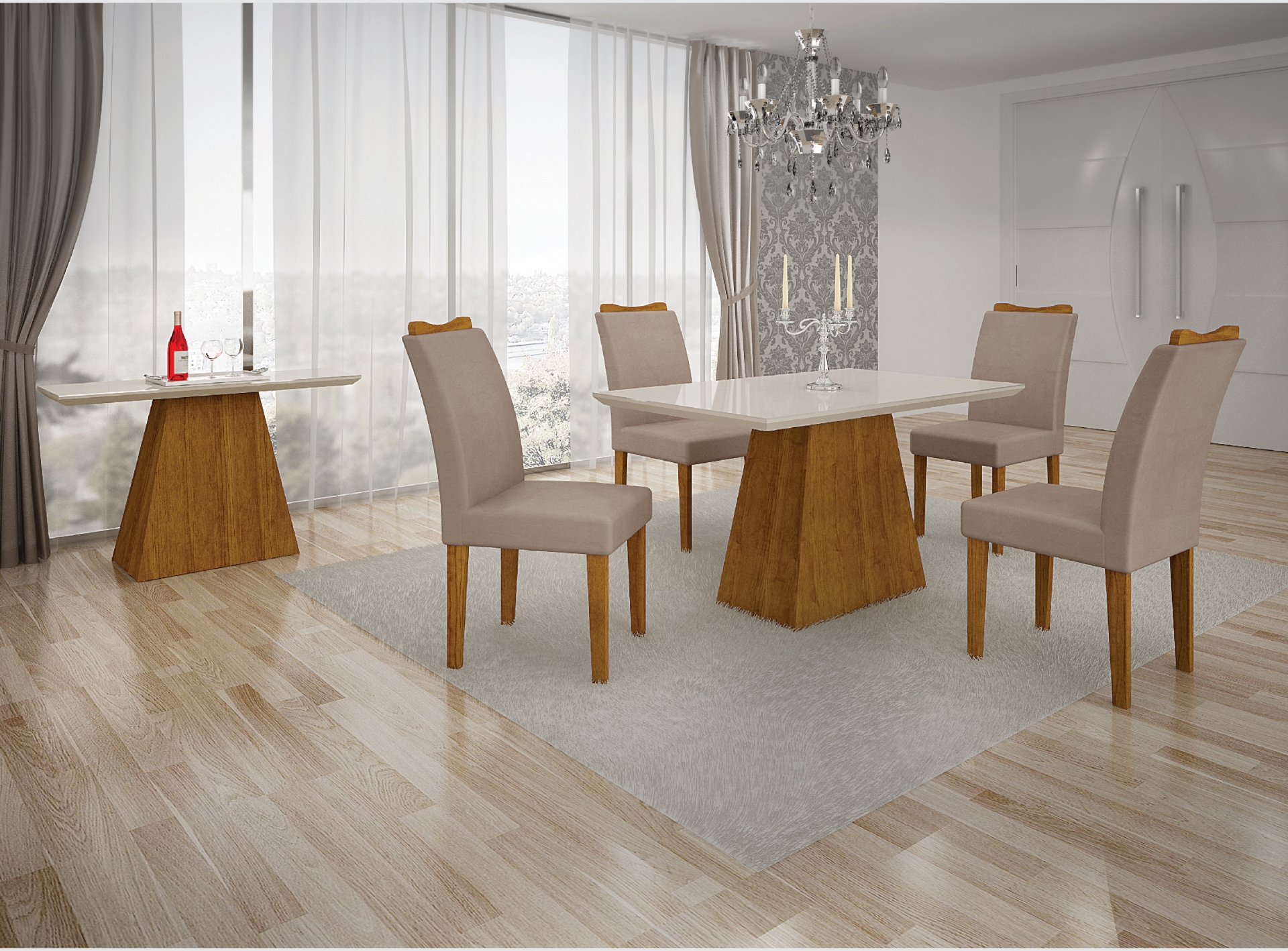 Aparador Tampo MDF/Vidro Pampulha New Leifer Moveis Freijó/Off White, Copo com vidro