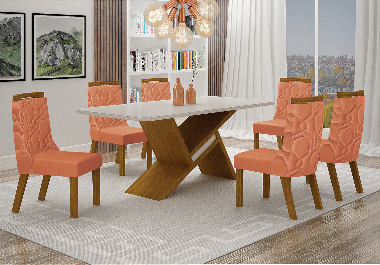 Conjunto Sala de Jantar Agata Mesa Freijo/Off White 1,80m C/ 6 Cadeiras Joli Terracota Moveis Leifer Freijó/Off White