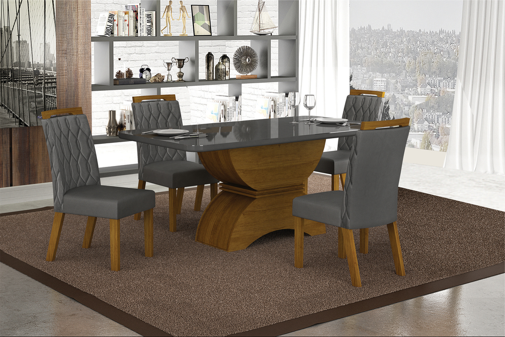 Conjunto Sala de Jantar Atenas Mesa Freijo/Chumbo 1,20m C/ 4 Cadeiras Joli Chumbo Moveis Leifer Freijó/Chumbo