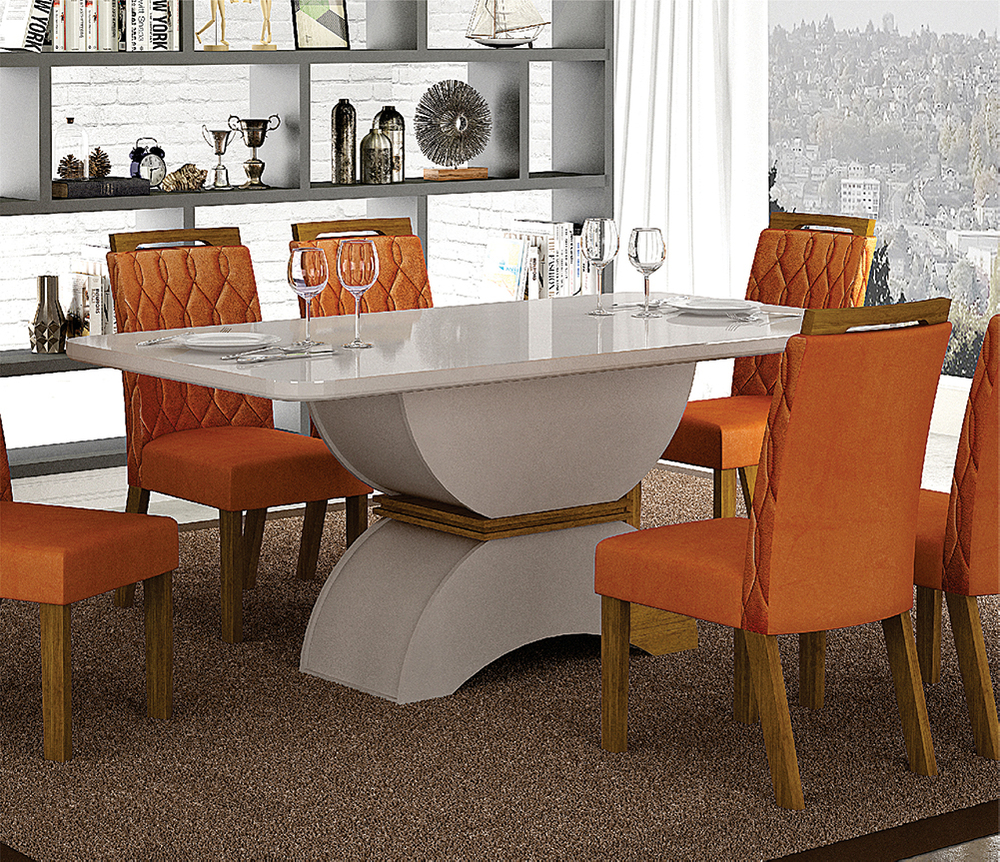 Conjunto Sala de Jantar Atenas Mesa Off White/Freijo/Off White 1,80m C/ 6 Cadeiras Joli Terracota Moveis Leifer Off White/Freijó/Off White