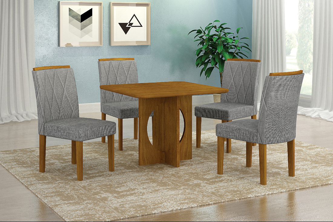 Conjunto Sala de Jantar Lorena Mesa Freijo 90cm C/ 04 Cadeiras Linho Cinza Moveis Leifer Freijó