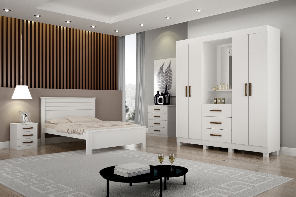 Guarda Roupa Casal 4 Portas 3 Gavetas Com Espelho Belem Leifer Moveis Branco