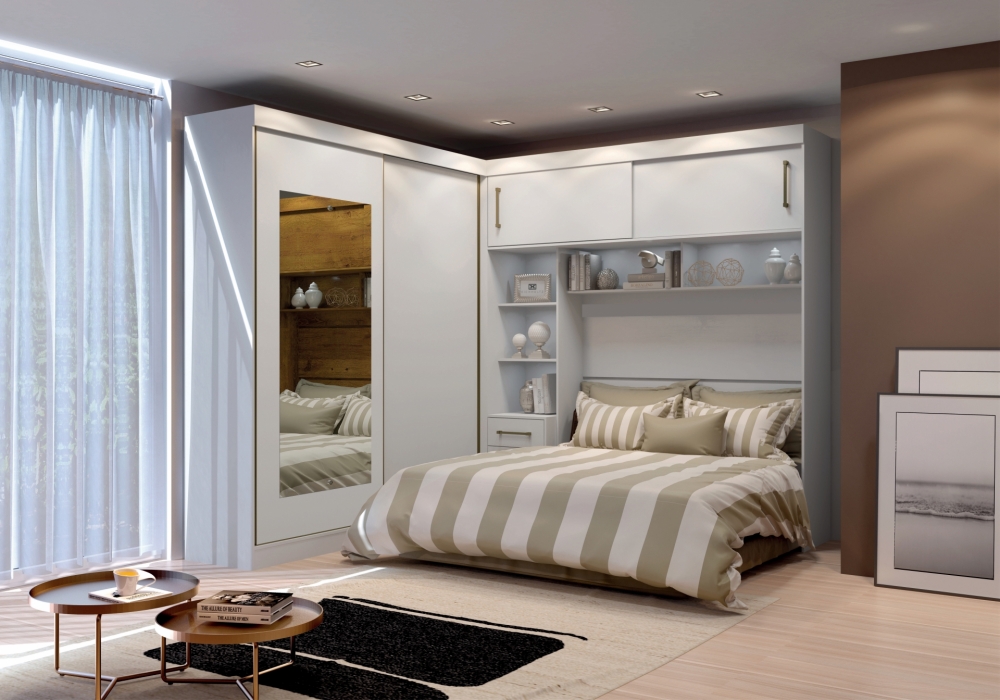 Guarda Roupa Modulado com Espelho 2,59m 2 Portas de Correr 7 Gavetas Sparta New Leifer Móveis  Branco, Com Espelho