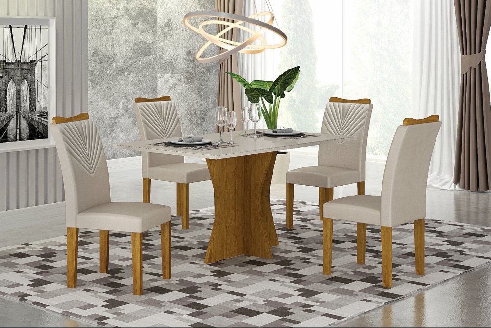 Mesa 120cm para 04 Cadeiras Tampo Reto Vidro/MDF Clara Leifer Moveis CADEIRAS NÃO INCLUSAS Freijó/Off White, Reto com vidro