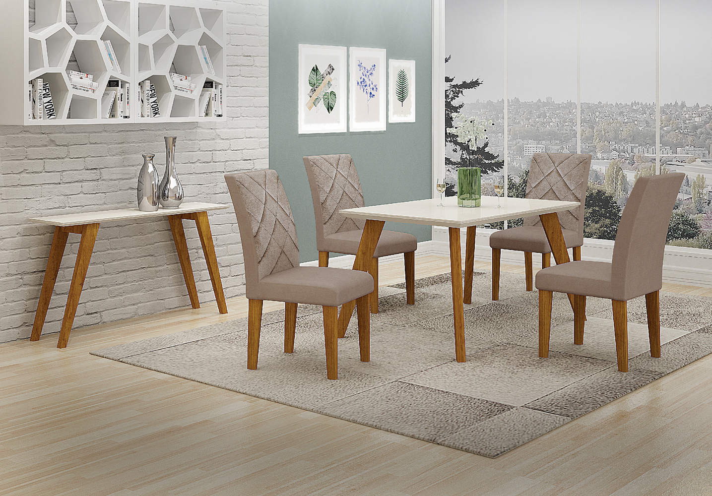 Mesa 1,20m para 04 Cadeiras Lavinia New Leifer Moveis CADEIRAS NÃO INCLUSAS Freijó/Off White, Reto com vidro