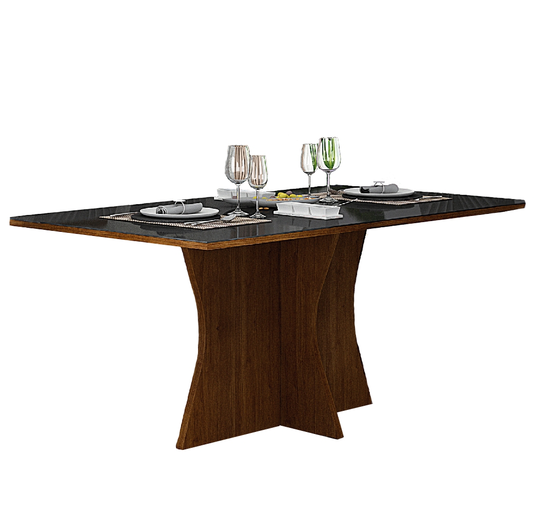Mesa 160cm para 06 Cadeiras Tampo Reto Vidro/MDF Clara Leifer Moveis CADEIRAS NÃO INCLUSAS Braúna/Preto, Reto com vidro
