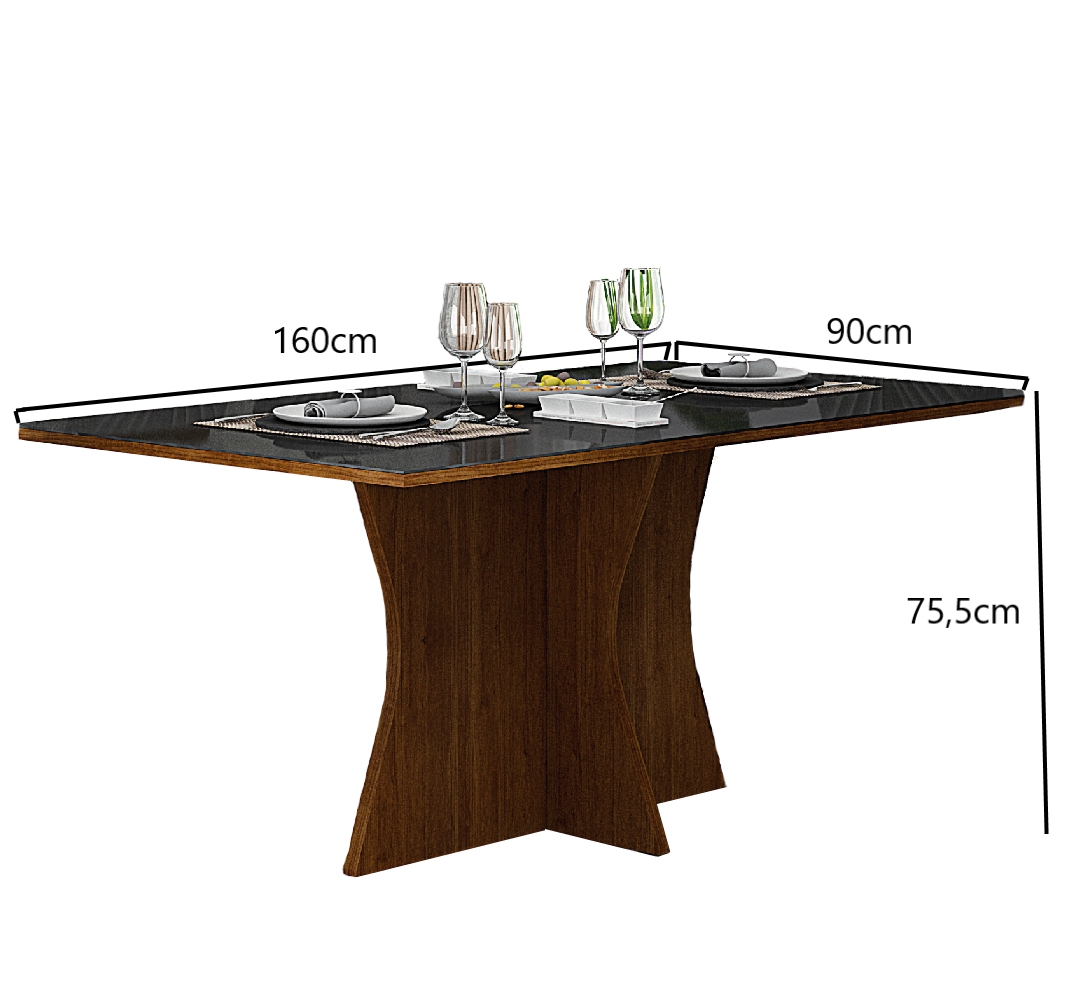 Mesa 160cm para 06 Cadeiras Tampo Reto Vidro/MDF Clara Leifer Moveis CADEIRAS NÃO INCLUSAS Braúna/Preto, Reto com vidro