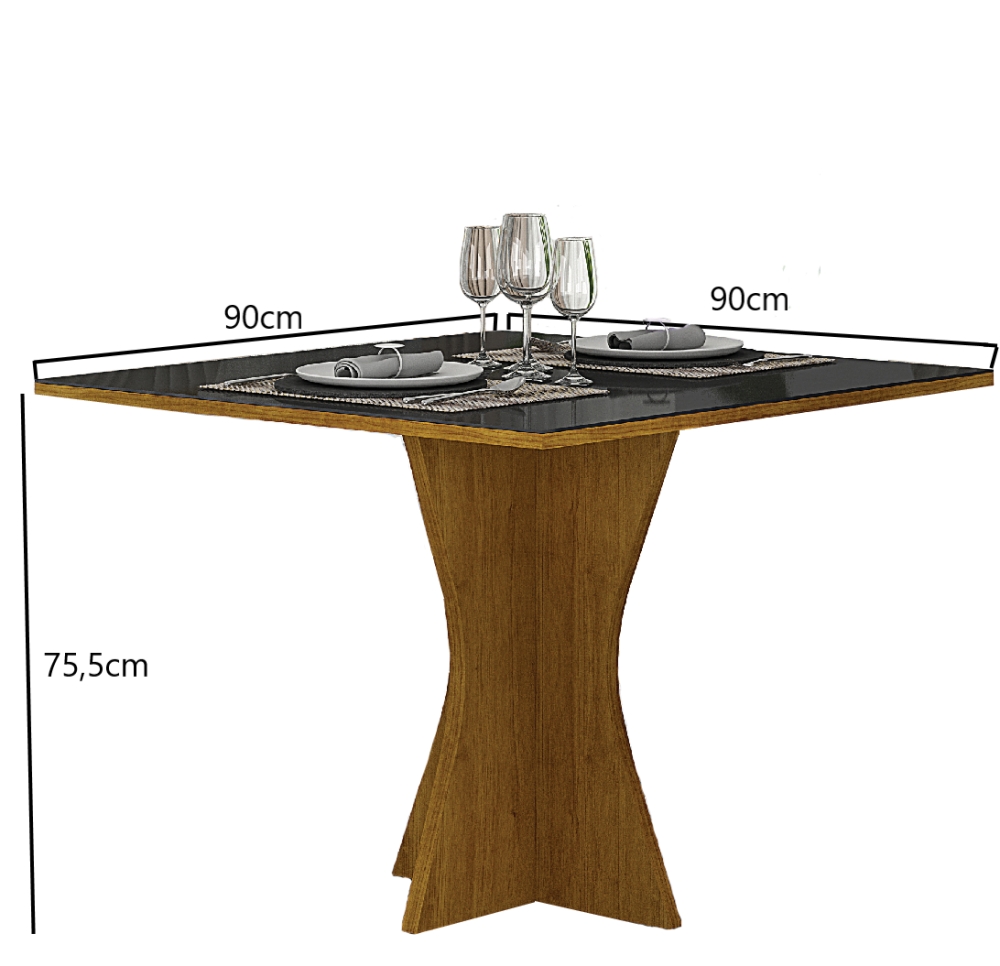 Mesa 90cm para 04 Cadeiras Tampo Reto Vidro/MDF Clara Leifer Moveis CADEIRAS NÃO INCLUSAS Freijó/Preto, Reto com vidro