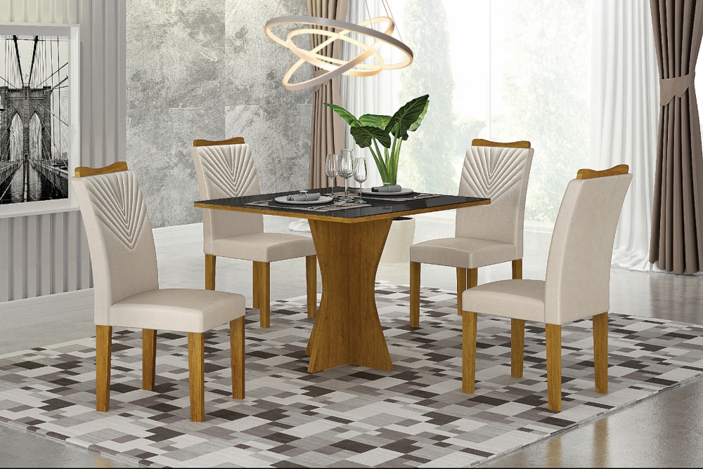 Mesa 90cm para 04 Cadeiras Tampo Reto Vidro/MDF Clara Leifer Moveis CADEIRAS NÃO INCLUSAS Freijó/Preto, Reto com vidro
