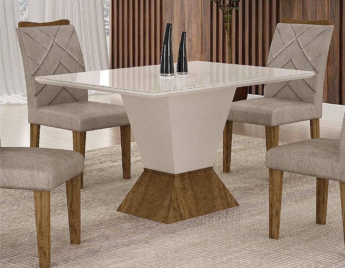 Mesa de Jantar 4 Lugares 1,20m Tampo Copo MDF/Vidro Larissa Moveis Leifer CADEIRAS NÃO INCLUSAS Braúna/Off White, Copo com vidro