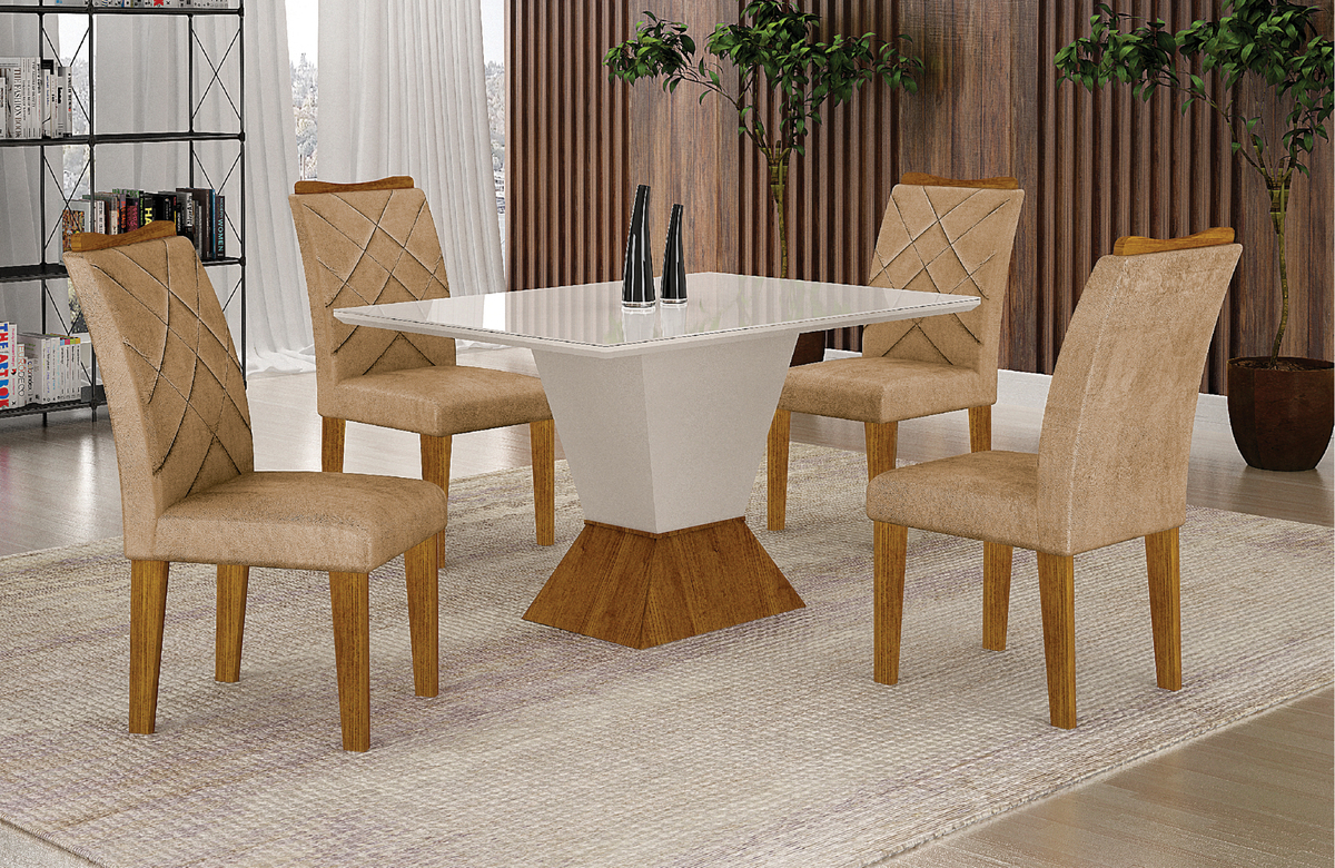 Mesa de Jantar 4 Lugares 1,20m Tampo Copo MDF/Vidro Larissa Moveis Leifer CADEIRAS NÃO INCLUSAS Freijó/Off White/Off White, Copo com vidro