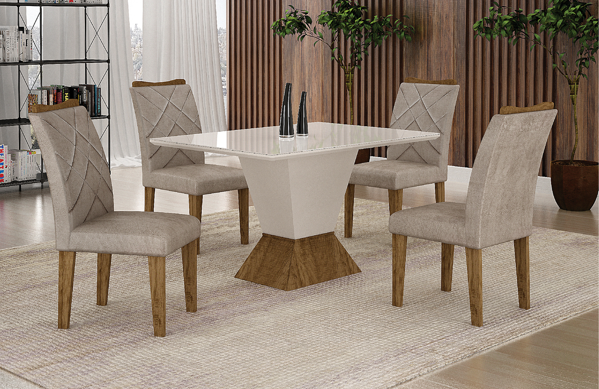 Mesa de Jantar 4 Lugares 1,20m Tampo Reto MDF/Vidro Larissa Moveis Leifer Braúna/Off White, Reto com vidro