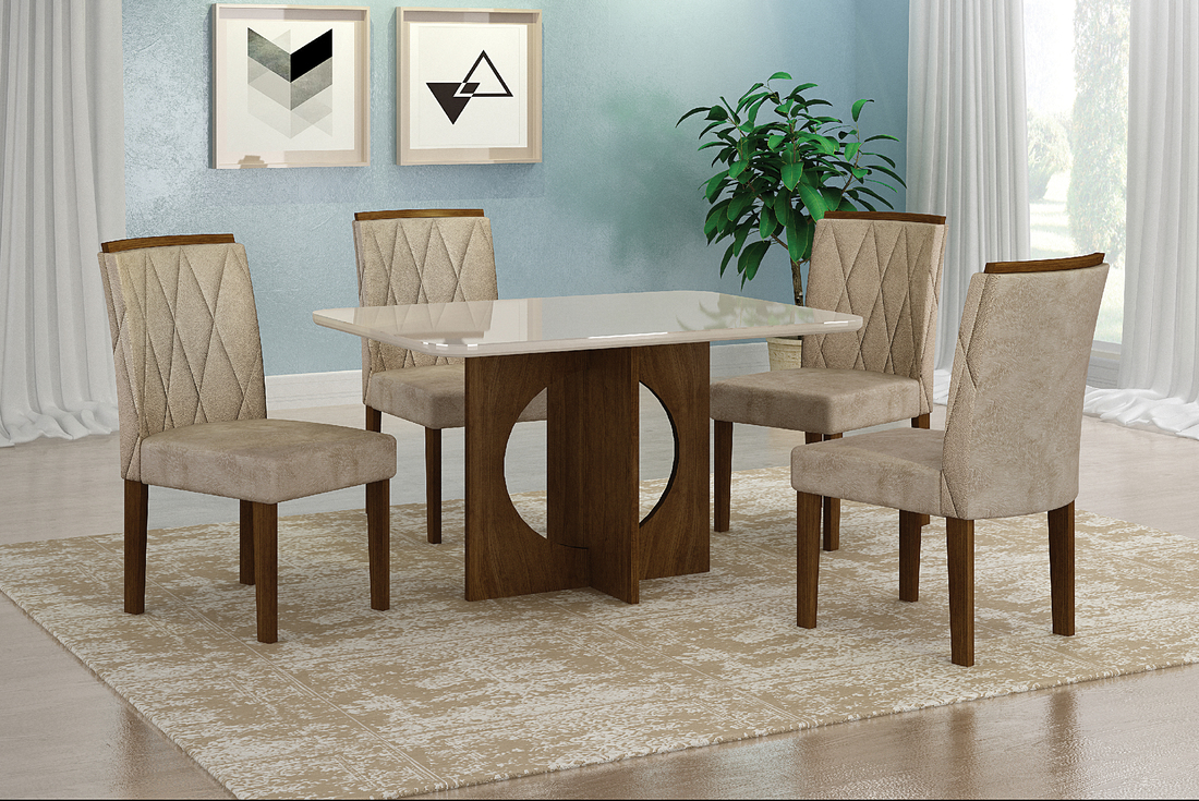 Mesa de Jantar 6 Lugares 1,60m Tampo Copo MDF/Vidro Larissa Moveis Leifer Braúna/Off White, Copo com vidro