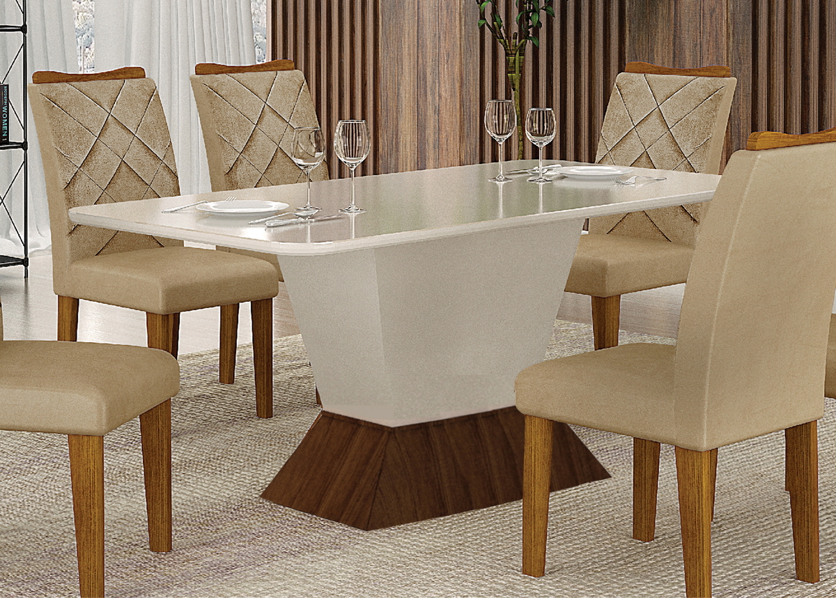 Mesa de Jantar 6 Lugares 1,60m Tampo MDF/Vidro Larissa Moveis Leifer Braúna/Off White, Reto com vidro