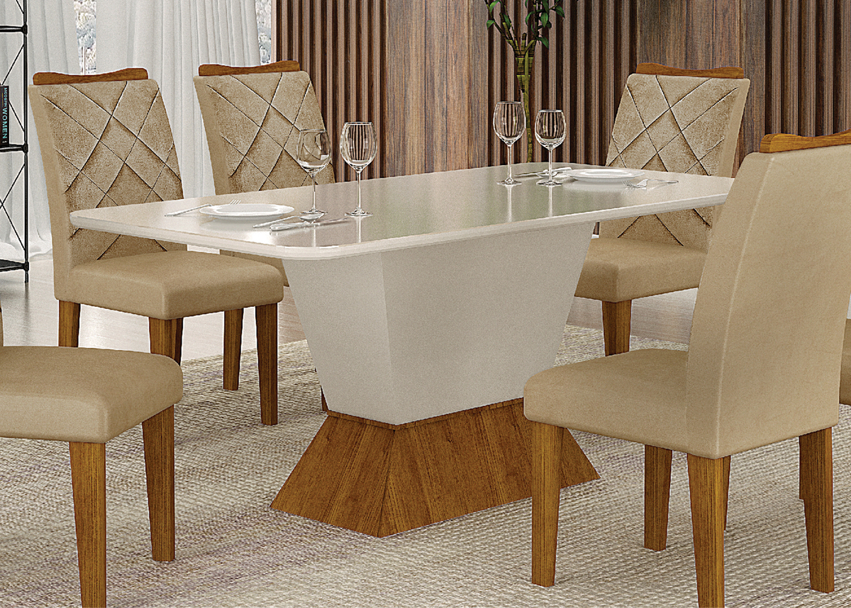 Mesa de Jantar 6 Lugares 1,80m Tampo Copo MDF/Vidro Larissa Moveis Leifer CADEIRAS NÃO INCLUSAS Freijó/Off White, Copo com vidro