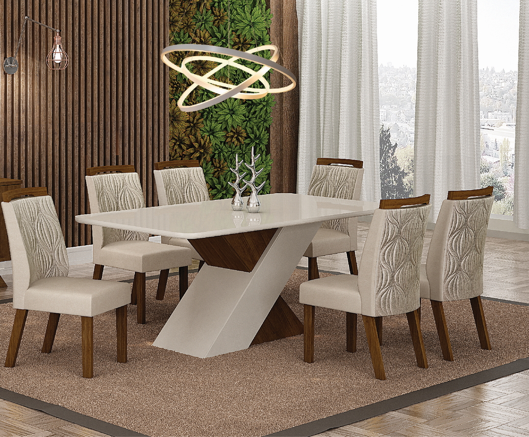 Mesa de Jantar 6 Lugares Tampo Copo MDF/Vidro Ilhéus 1,60m Leifer Moveis CADEIRAS NÃO INCLUSAS Braúna/Off White, Copo com vidro