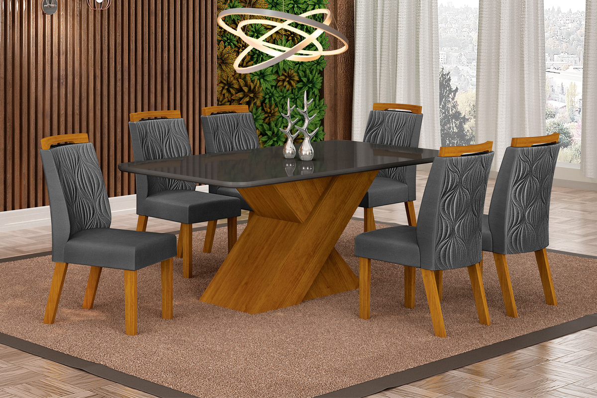 Mesa de Jantar 6 Lugares Tampo Vidro Ilheus 1,80m Leifer Moveis CADEIRAS NÃO INCLUSAS Freijó/Chumbo, Copo com vidro
