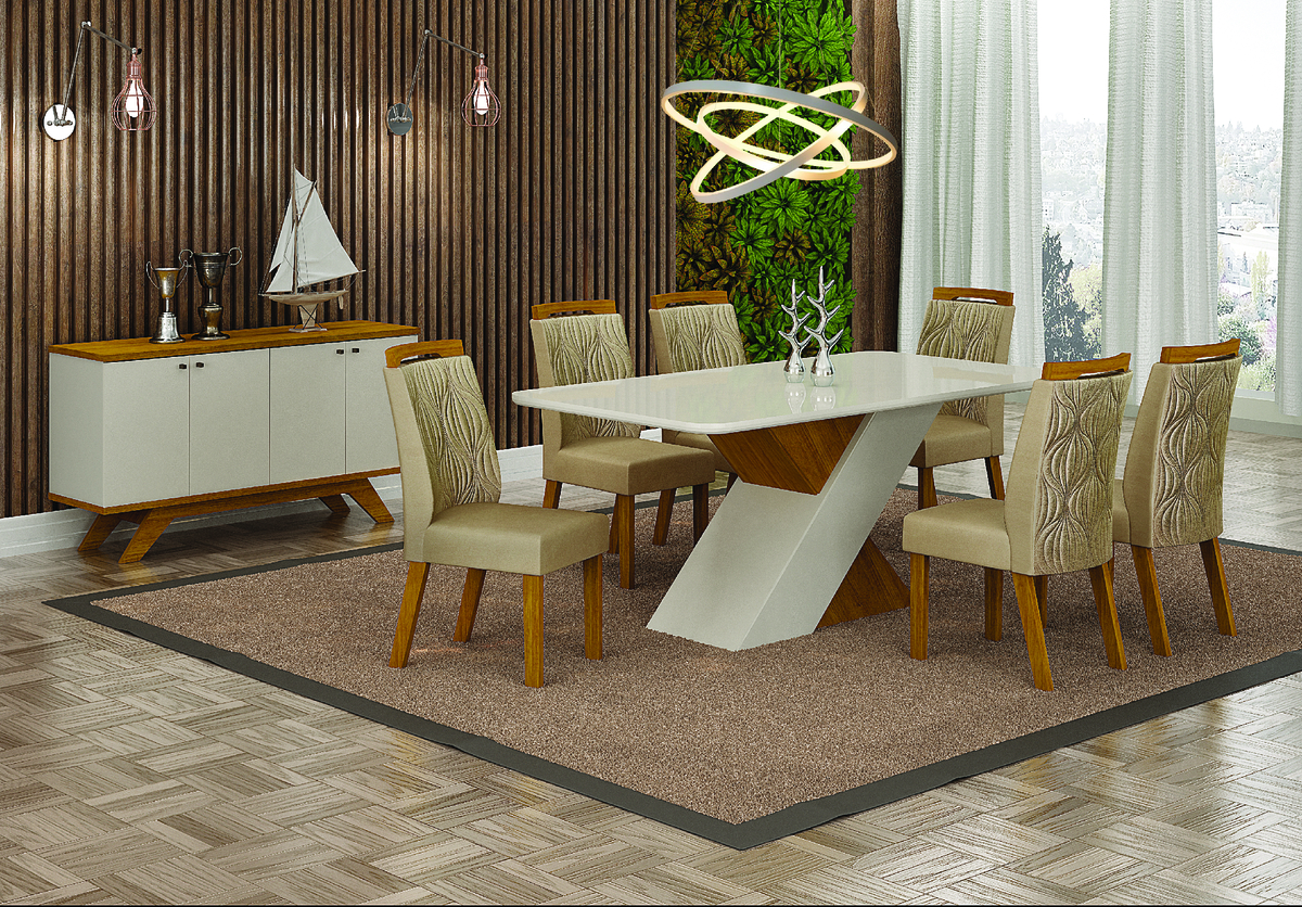 Mesa de Jantar 6 Lugares Tampo Vidro Ilheus 1,80m Leifer Moveis CADEIRAS NÃO INCLUSAS Freijó/Off White, Copo com vidro