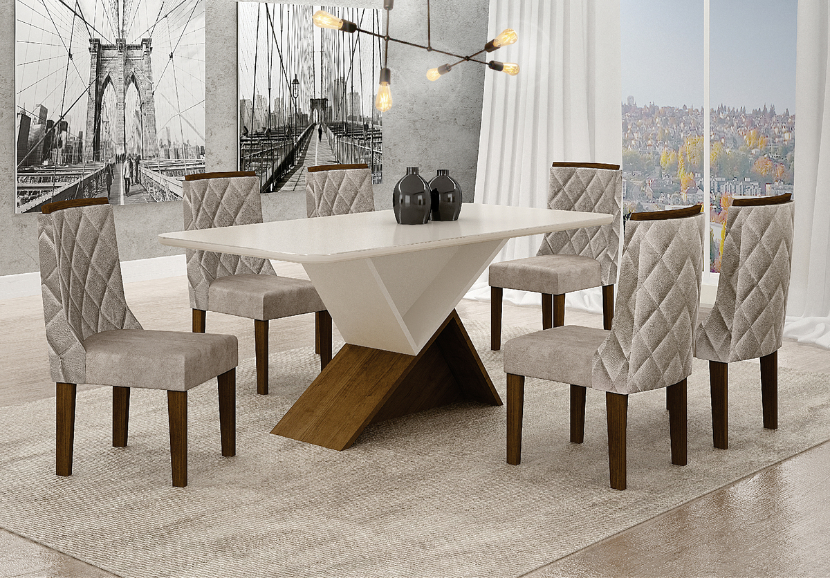 Mesa de Jantar Tampo Copo MDF/Vidro 6 Lugares 1,80m Perola Leifer CADEIRAS NÃO INCLUSAS Braúna/Off White, Copo com vidro