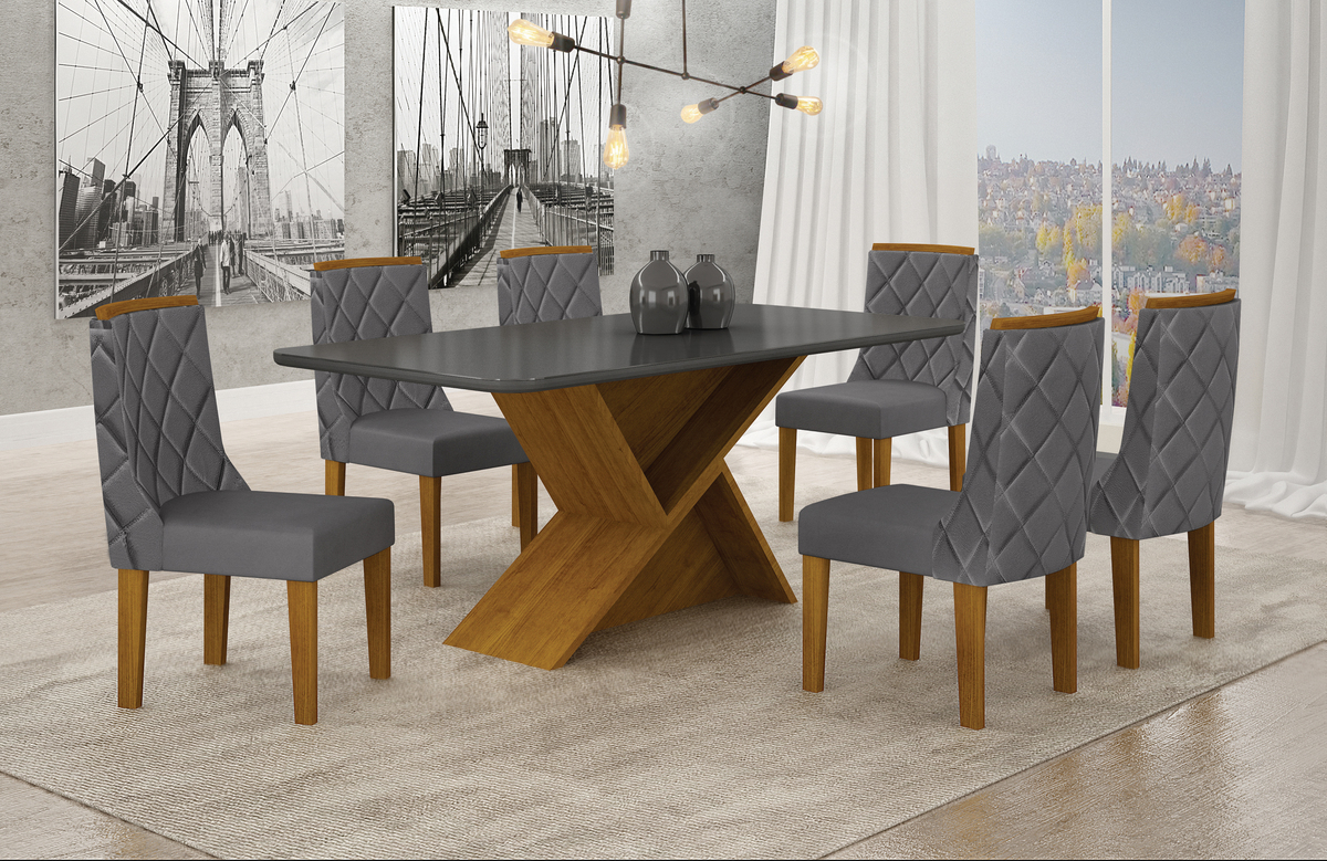 Mesa de Jantar Tampo Copo MDF/Vidro 6 Lugares 1,80m Perola Leifer CADEIRAS NÃO INCLUSAS Freijó/Chumbo, Copo com vidro