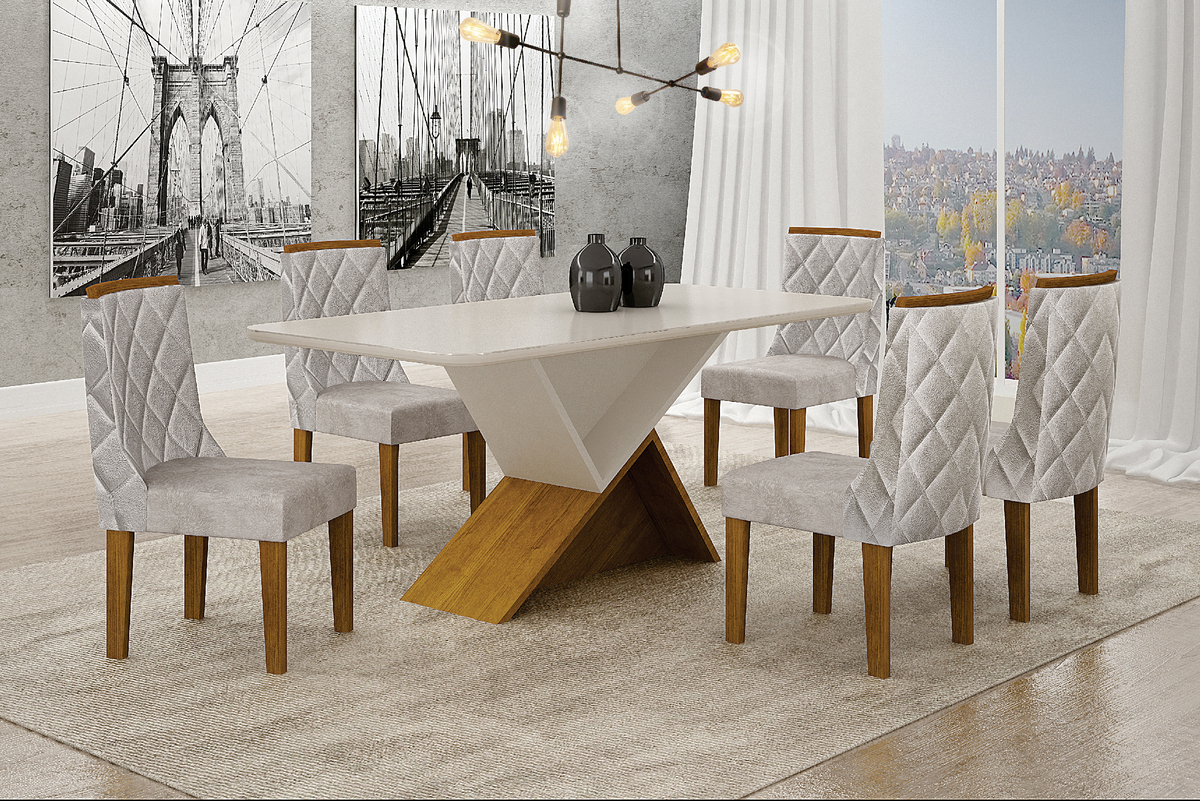 Mesa de Jantar Tampo Copo MDF/Vidro 6 Lugares 1,80m Perola Leifer CADEIRAS NÃO INCLUSAS Freijó/Off White, Copo com vidro