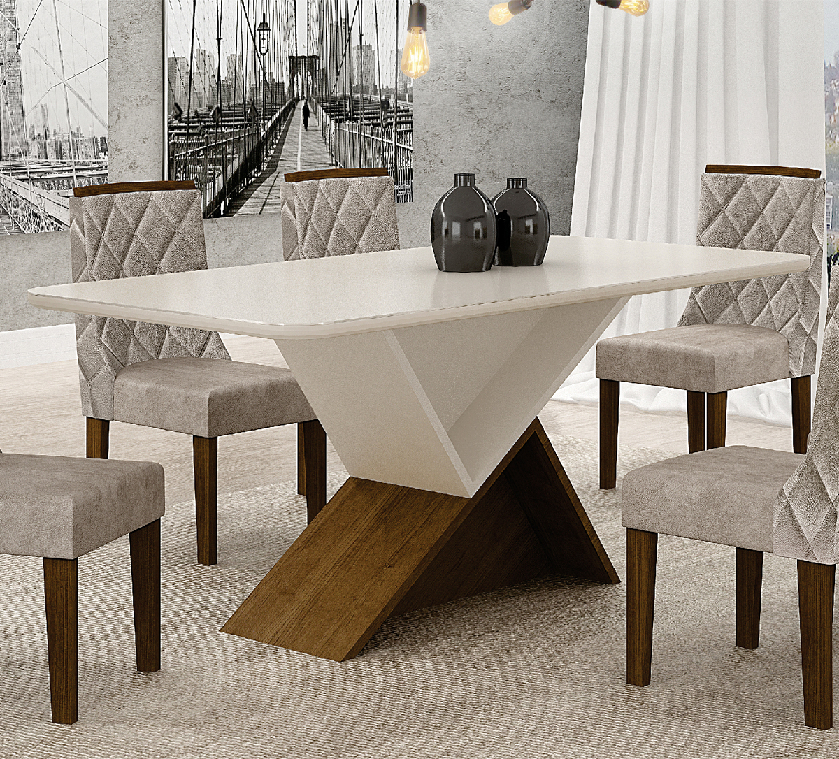 Mesa de Jantar Tampo Copo Vidro 6 Lugares 1,60m Perola Leifer CADEIRAS NÃO INCLUSAS Braúna/Off White, Copo com vidro