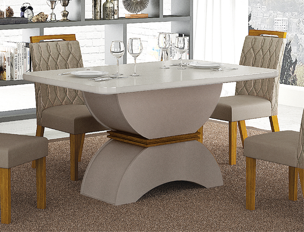 Mesa para 04 Cadeiras Atenas Tampo Copo MDF/Vidro 1,20m Leifer Moveis Off White/Freijó/Off White, Copo com vidro