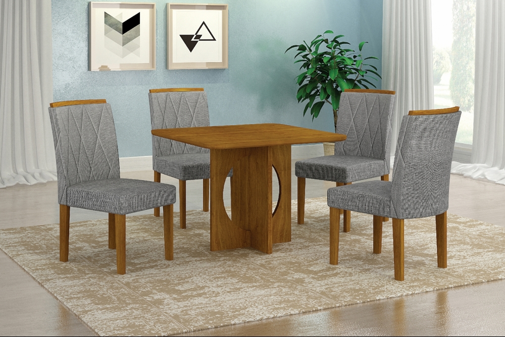 Mesa para 04 Cadeiras Tampo Vidro/MDF 90cm Lorena Leifer Moveis CADEIRAS NÃO INCLUSAS Freijó
