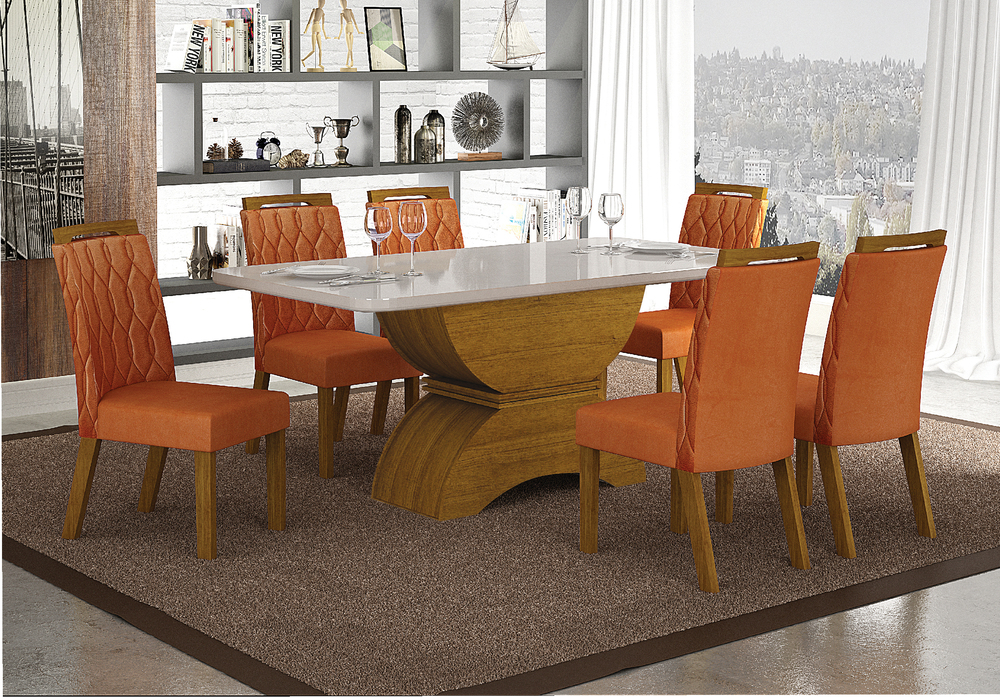 Mesa para 06 Cadeiras Atenas Tampo Copo MDF/Vidro 1,80m Leifer Moveis CADEIRAS NÃO INCLUSAS Freijó/Off White, Copo com vidro