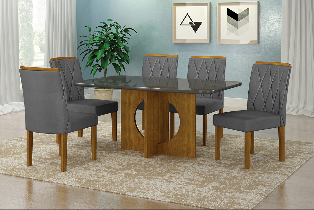 Mesa para 06 Cadeiras Tampo Copo Vidro/MDF 160cm Lorena Leifer Moveis CADEIRAS NÃO INCLUSAS Freijó/Chumbo, Copo com vidro