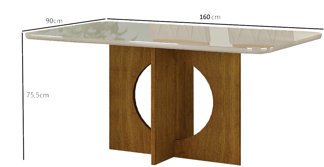 Mesa para 06 Cadeiras Tampo Copo Vidro/MDF 160cm Lorena Leifer Moveis CADEIRAS NÃO INCLUSAS Freijó/Off White, Copo com vidro