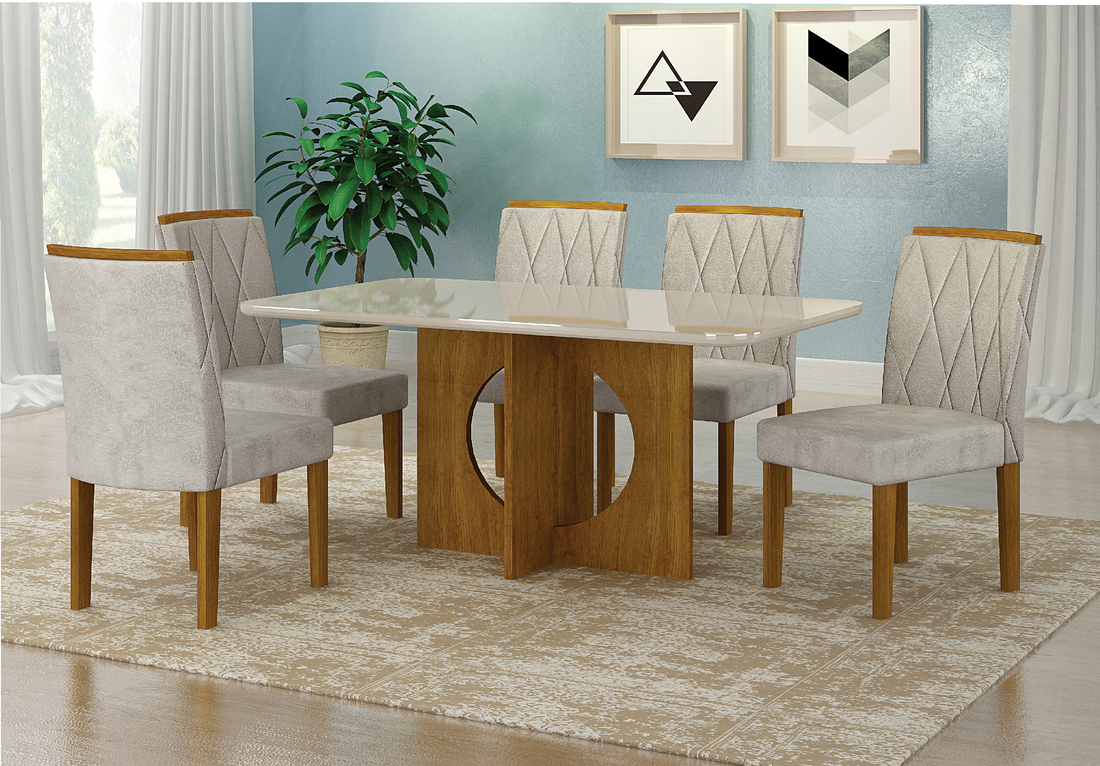 Mesa para 06 Cadeiras Tampo Copo Vidro/MDF 160cm Lorena Leifer Moveis CADEIRAS NÃO INCLUSAS Freijó/Off White, Copo com vidro