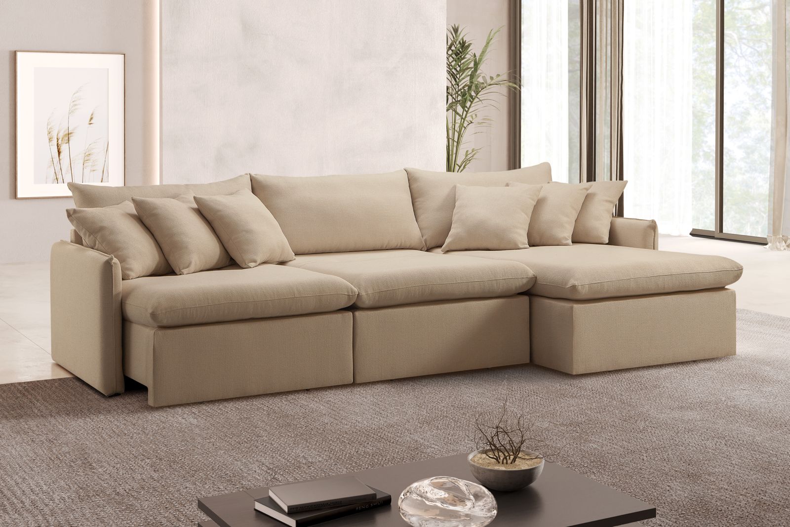 Sofa Cama Retratil Confort Linho 2,58m Lindecor cor Bege