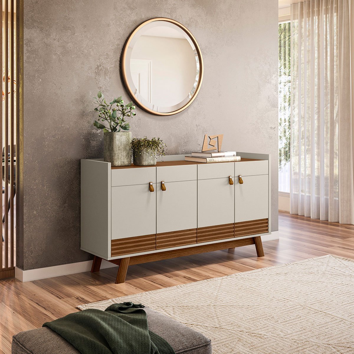 Aparador Buffet 4 Portas Ripado 160 cm Abruzzo Freijo/Off White
