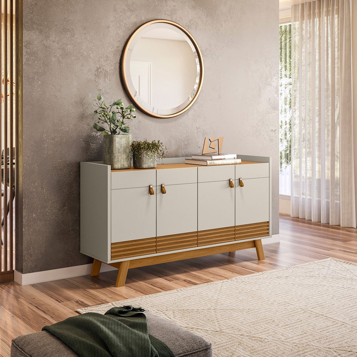Aparador Buffet 4 Portas Ripado 160 cm Abruzzo Nature/Off White