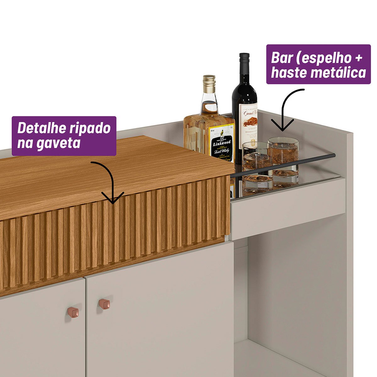 Aparador Buffet Bar c/ Espelho 2 Portas 1 Gaveta Ripada Lucas Nature/Off White