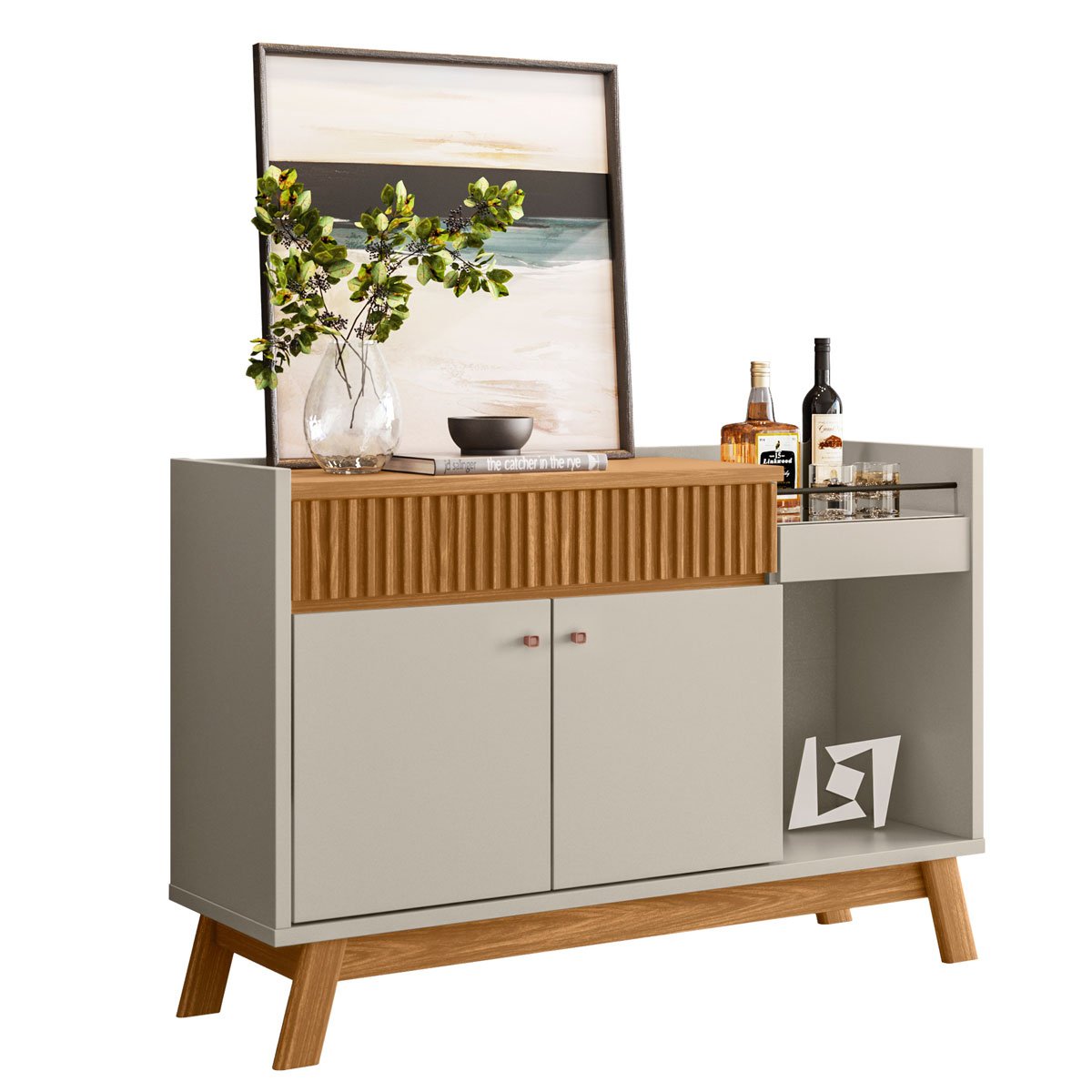 Aparador Buffet Bar c/ Espelho 2 Portas 1 Gaveta Ripada Lucas Nature/Off White