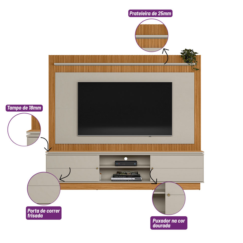 Estante para Home Theater e TV até 75 Polegadas Guararapes 2 PT Nature e Off White