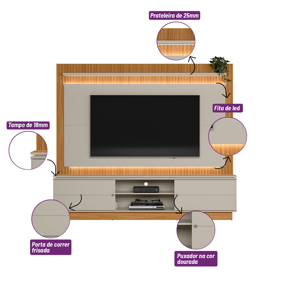 Estante para Home Theater e TV até 75 Polegadas Guararapes com LED 2 PT Nature e Off White
