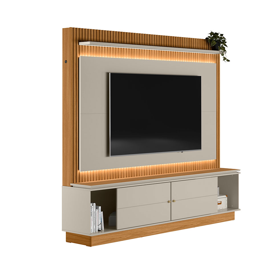 Estante para Home Theater e TV até 75 Polegadas Guararapes com LED 2 PT Nature e Off White