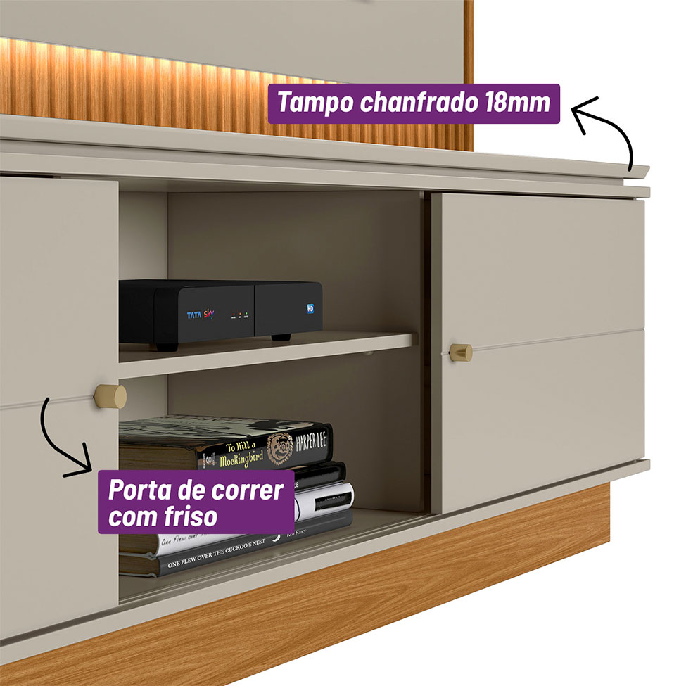 Estante para Home Theater e TV até 75 Polegadas Guararapes com LED 2 PT Nature e Off White