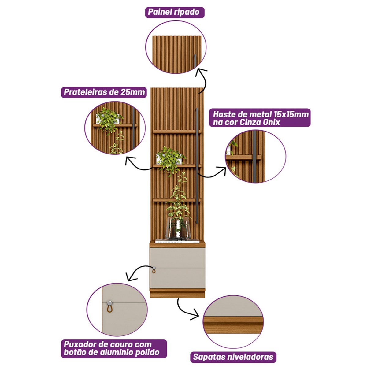 Kit 2 Módulos Laterais Complementares Painel Ripado Naturale/Off White