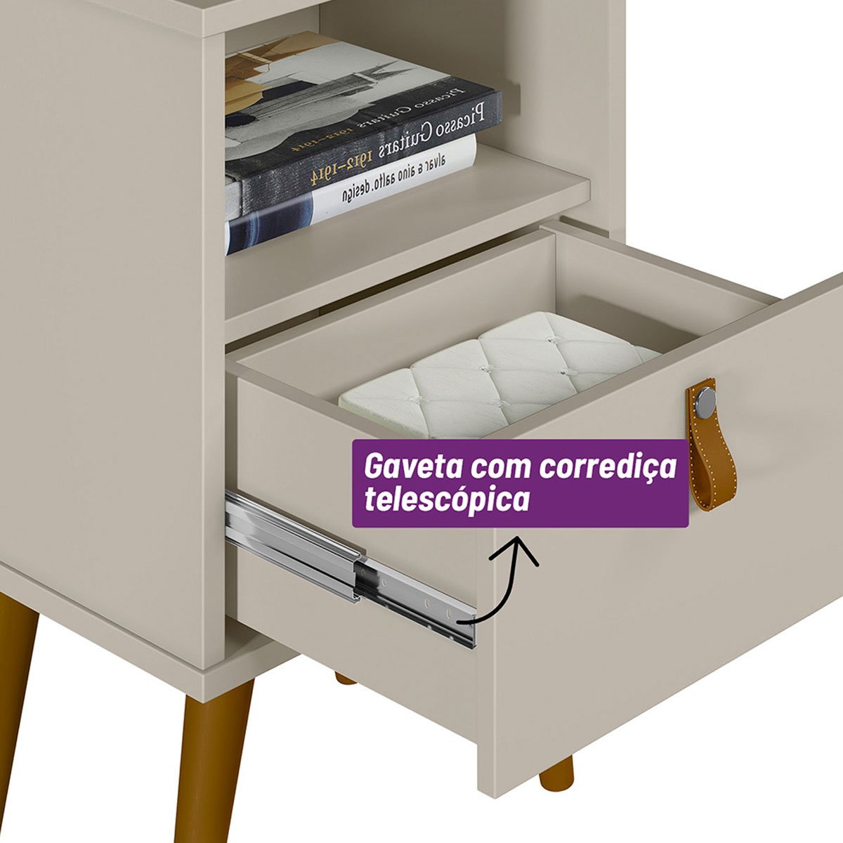 Mesa de Cabeceira com Pés Palito Bob 1 Gaveta e Nicho Off White