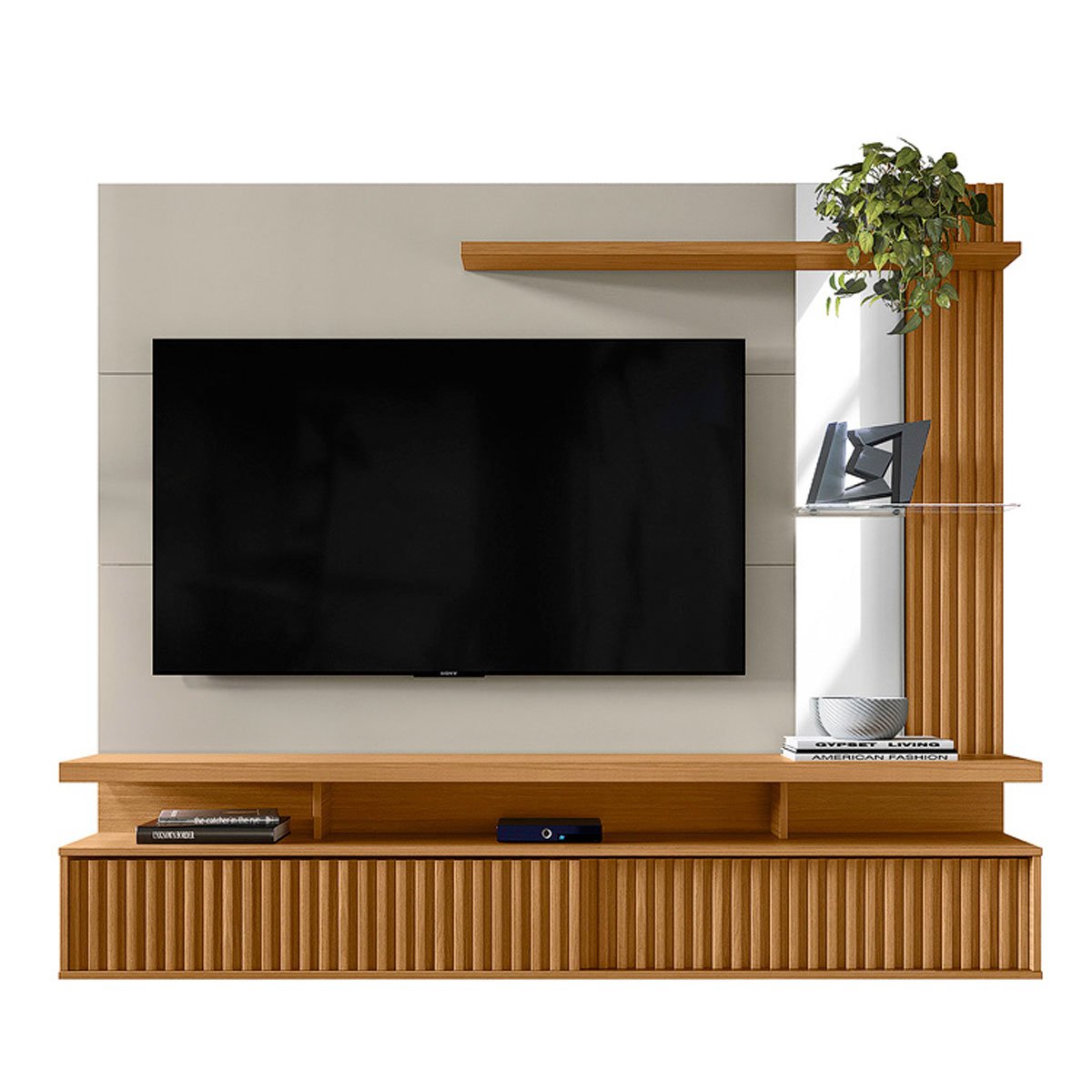 Painel para Tv até 60" Ripado com Espelho 2 Portas Calêndula Nature/Off White