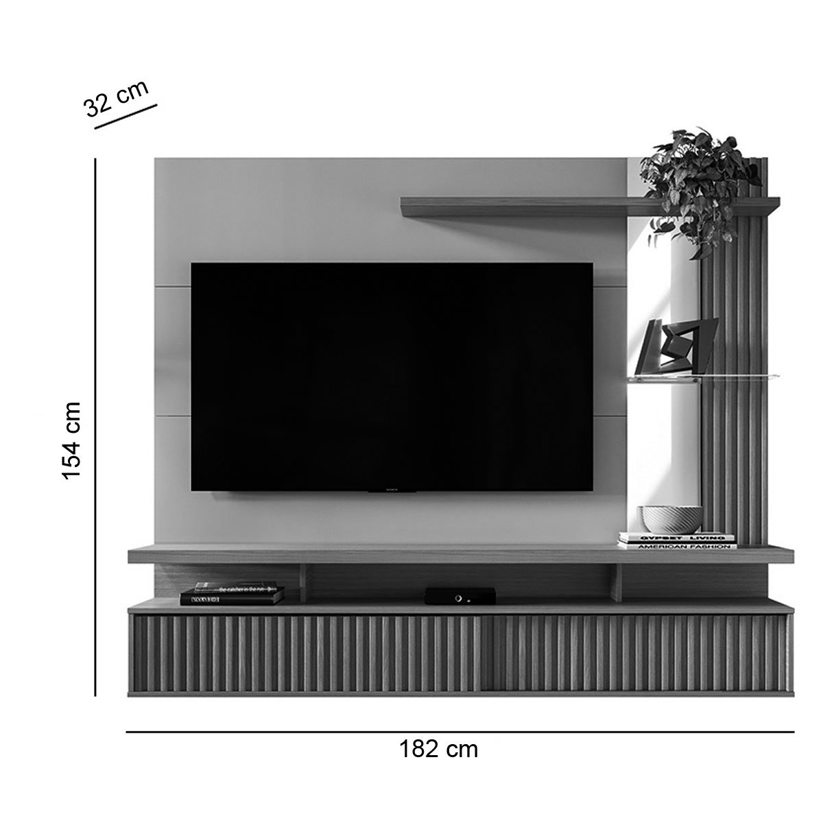 Painel para Tv até 60" Ripado com Espelho 2 Portas Calêndula Nature/Off White