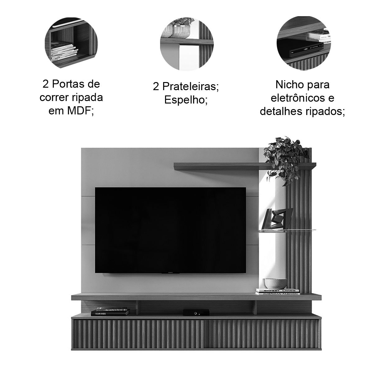 Painel para Tv até 60" Ripado com Espelho 2 Portas Calêndula Nature/Off White