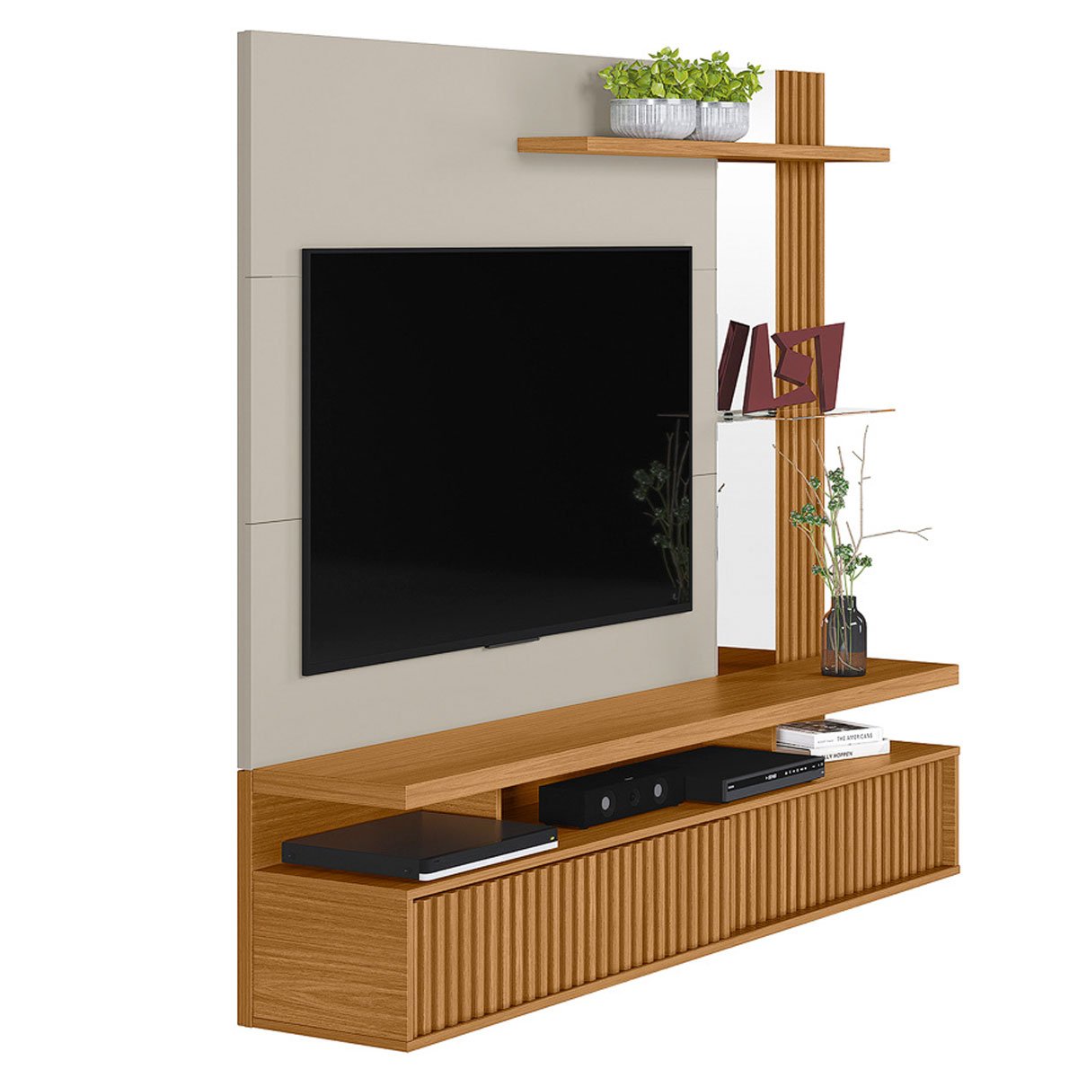 Painel para Tv até 60" Ripado com Espelho 2 Portas Calêndula Nature/Off White