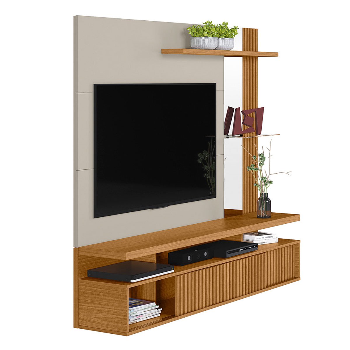 Painel para Tv até 60" Ripado com Espelho 2 Portas Calêndula Nature/Off White