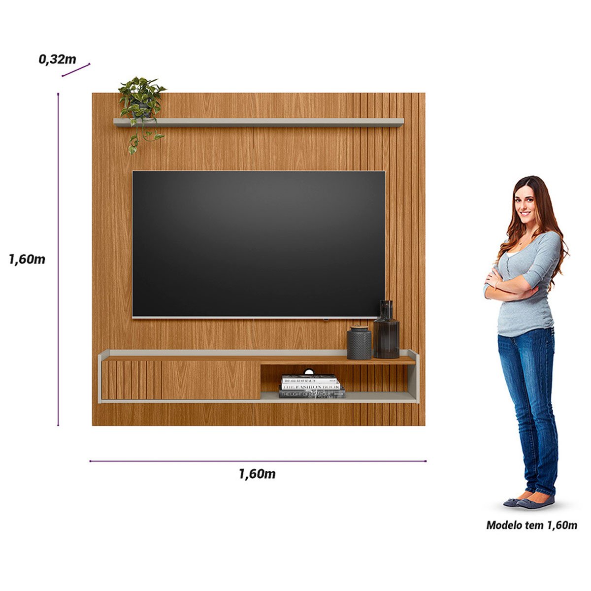 Painel para Tv até 65" Frisado com Porta e Nicho Diana Nature/Off White
