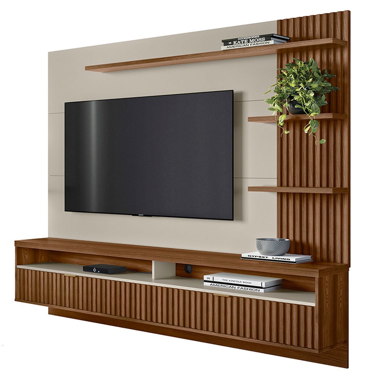 Painel para Tv até 65" Ripado 2 Portas com Nicho Marianne Freijo/Off White